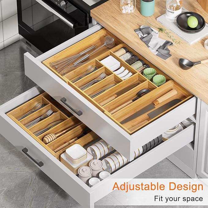 Youpehom Bamboo Utensil Organizer for Kitchen Drawers, Utensil Tray and Cutlery Silverware Holder,Wood Drawer Dividers with 9 Slots