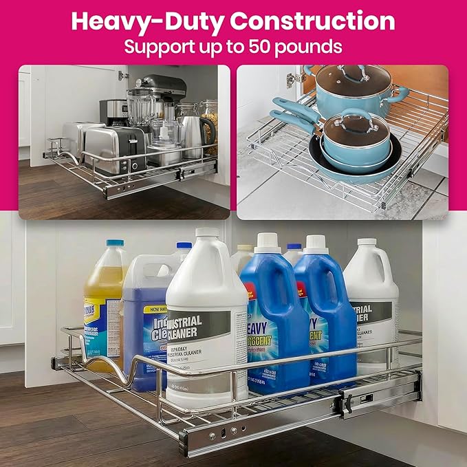 HOLDN’ STORAGE Pull Out Cabinet Organizer, Heavy Duty Caddy w/Lifetime Limited Warranty -26”W x 21”D - Requires At Least 27-1/4” Cabinet Opening, Steel Metal Cabinet Drawers Slide Out, Chrome