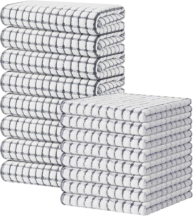 Kitinjoy Cotton 16 Pack Kitchen Towels and Dishcloths Sets, 16 x 25 Inch & 12 X 12 Inch Dish Towels Bulk, Super Soft and Absorbent Hand Towels for Kitchen Drying, Grey