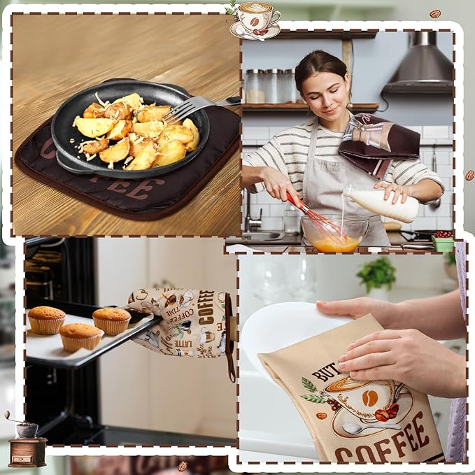 Fourluoo 8 Pcs Coffee Kitchen Towels and Dishcloths Sets Oven Mitts and Pot Holders Sets Absorbent Kitchen Gloves Potholders Heat Resistant for Chef Baking Cooking
