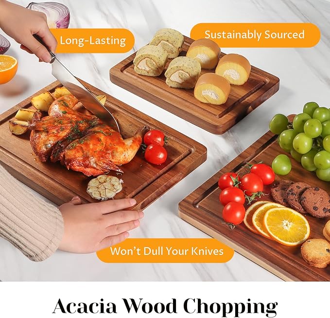 Acacia Wood Cutting Board Set of 3, Solid Wood Cutting Board with Holder, Deep Juice Grooves & Built-in Handles, Durable Wooden Chopping Board Set for Meat, Vegetables, Cheese, Kitchen Prep