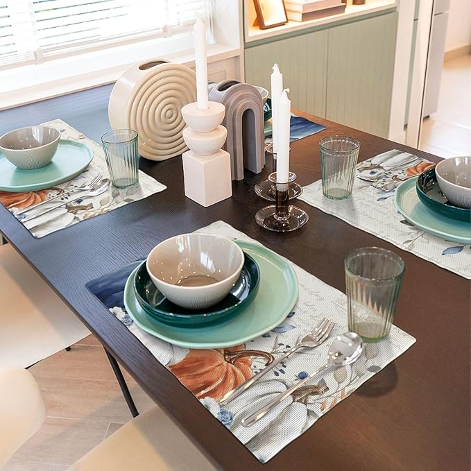 Fall Placemats Set of 4 Blue Orange Pumpkin Leaves Decor Place Mats 12x18 Inch Autumn Leaf Harvest Thanksgiving Decorative Linen Table Mats for Home Kitchen Dining Party Table Decoration