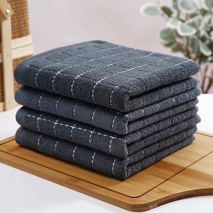 Homaxy 100% Cotton Terry Kitchen Towels(Dark Grey, 13 x 28 inches), Checkered Designed, Soft and Super Absorbent Dish Towels, 4 Pack