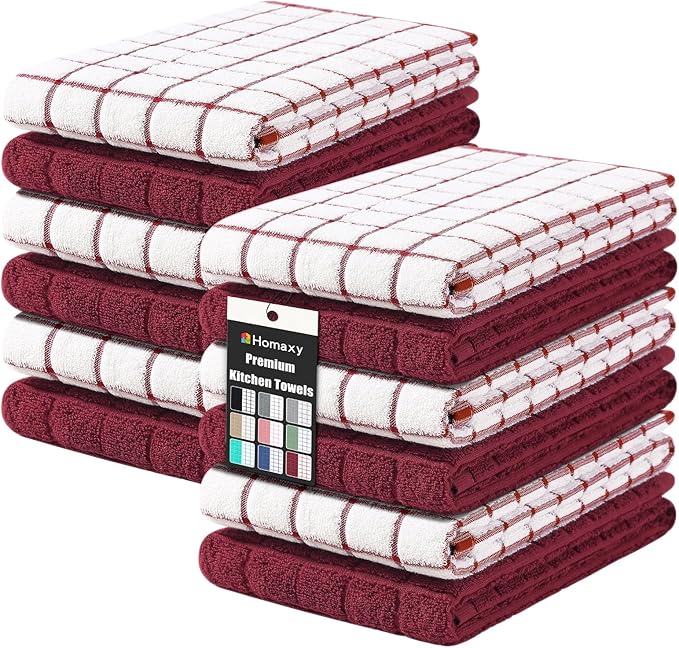 Homaxy Premium Cotton Kitchen Towels 16"x 28", Large Natural Ring Spun 390 GSM Dish Towels, Super Absorbent Terry Kitchen Hand Towels, Soft Tea Towels with Hanging Loop, Red Check Design, 12 Pack