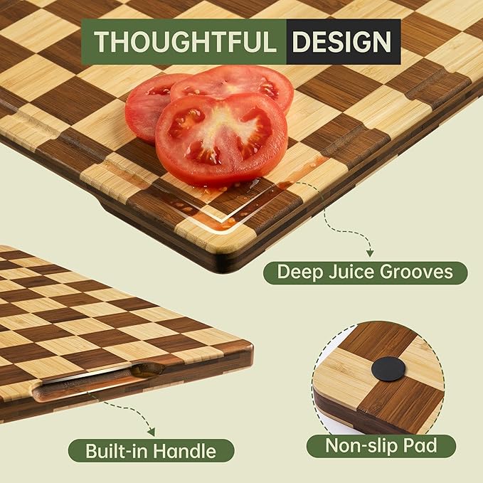 3 Pack Checkered Bamboo Cutting Board Set, Decorative End Grain Thick Wood Cutting Board, Crack-Resistant, Heavy Duty Non-slip Chopping Boards, Aesthetic Serving Trays for Home Decor, Gift
