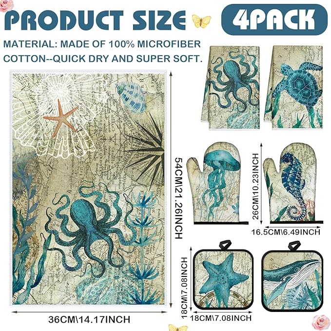 6 Pcs Sea Ocean Beach Kitchen Towels Pot Holders and Oven Mitts Set Coastal Dish Towel Ocean Animal Oven Gloves Heat Resistant Potholders for Kitchen Summer Cooking Gift