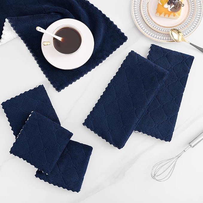 Mordimy 12 Pack Kitchen Cloths Dish Towels (10" x 10", Navy Blue & White), Super Soft and Absorbent Dish Cloths, Coral Velvet Microfiber Cleaning Cloth, Nonstick Oil Fast Dry Dishcloths