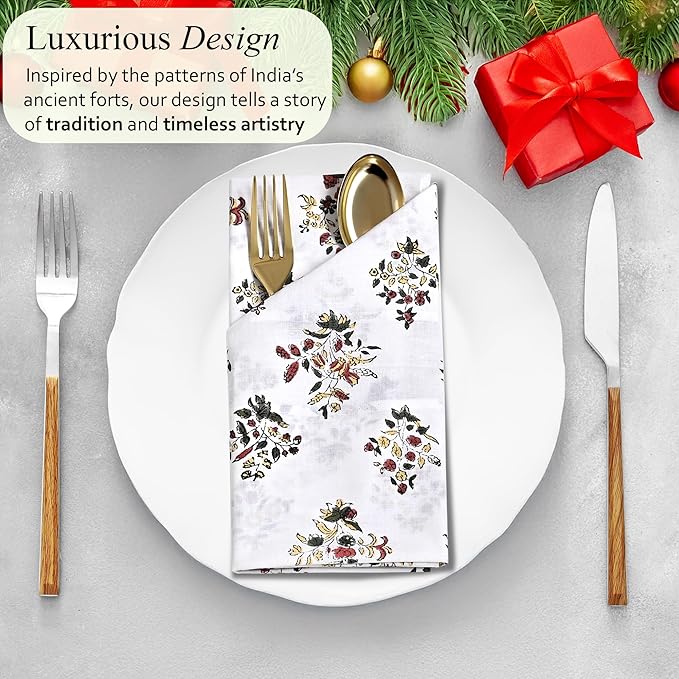 CPC Cloth Napkins Set of 4 Cotton Printed Dinner Hand Print Napkins I Wedding Cocktail Cloth Floral Napkins I 18x18 in I Fall Green