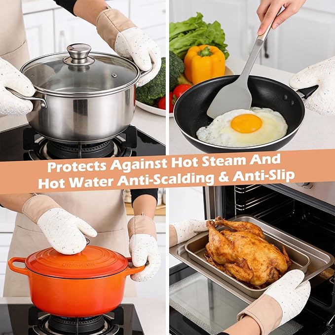 10 Pcs Kitchen Oven Mitts and Potholders Set with Hook and Oil Brush, Cooking Mittens Heat Resistant 500°F Silicone Oven Mittens for Kitchen Baking Cooking BBQ (Cream)