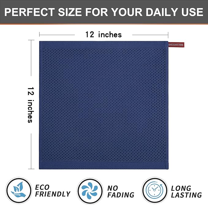 Kitinjoy 100% Cotton Kitchen Dish Cloths (12 X 12 Inches, Navy Blue), 6 Pack Waffle Weave Ultra Soft Absorbent Dish Towels for Drying Dishes Quick Drying Kitchen Towels Dish Rags