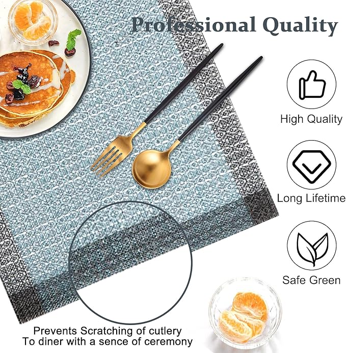 Bloss Blue Grey Ethnic Boho Placemats Set of 4-12x18Inch Table Mats Washable Heat-Resistant Place Mats for Dining Table, Easy to Clean Boho Farmhouse Placemats for Holiday Party Dining Table Decor