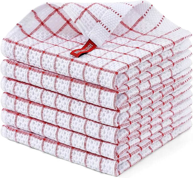 Homaxy 100% Cotton Dish Cloths, 6 Pack-12 X 12 Inches, Check Design Waffle Weave Dish Rags for Washing Dishes, Ultra Absorbent and Fast Drying Dishcloths, Red