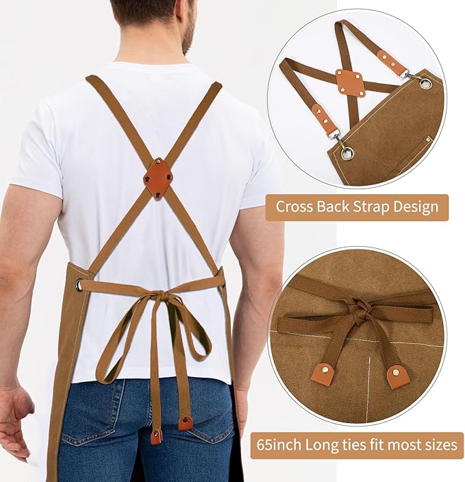Work Aprons for Men Women with 9 Pockets Chef Apron 14oz Cotton Canvas Cross Back Aprons Heavy Duty Apron Brown Tool Apron for Woodworkers Kitchen Cooking Apron Waterproof Apron Size M to XXL