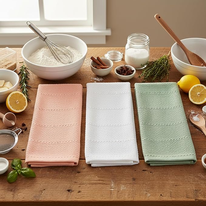 Sage White Light Pink Kitchen Hand Dish Towels: Oversized 28" x 18",100% Cotton Cloth Soft Cleaning Drying Absorbent Textured Design, Set of 3 Multipurpose for Everyday Use - Natural Collection