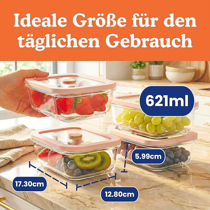 Ziruma Non-Toxic 2.6 Cup Glass Food Storage Containers With Lids - Soup Containers with Lids, Plastic Free Meal Prep, Airtight Food Container, Microwave and Freezer Safe, 4 Pack