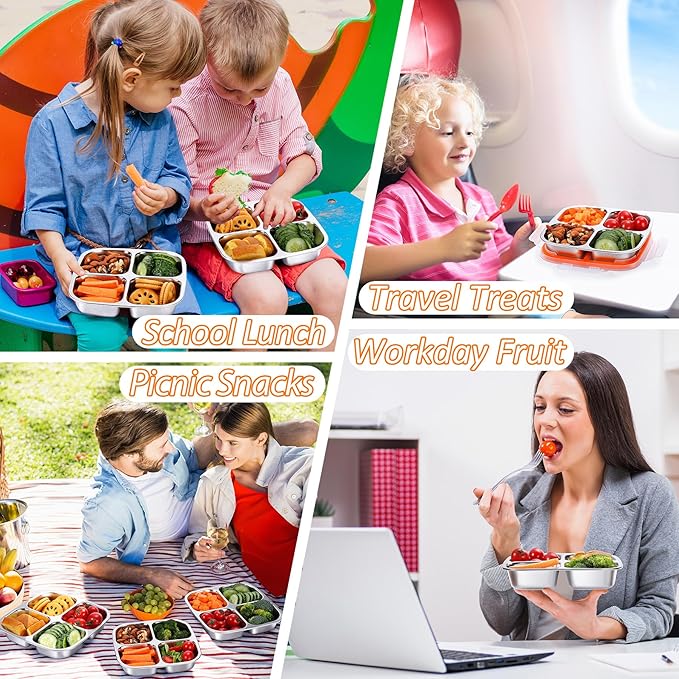 KTKUDY Stainless Steel Snack Container - Divided Bento Snack Box - 4 Compartment Meal Prep Lunch Container for Kids Daycare, School, Work, Travel