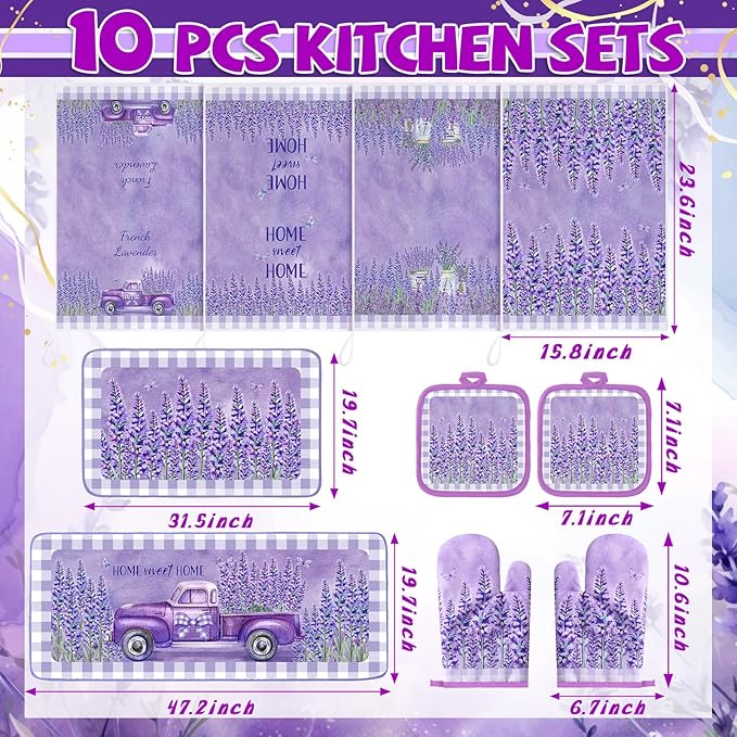 VitalCozy 10 Pcs Lavender Kitchen Decor Lavender Kitchen Towels and Rugs Oven Mitts and Pot Holders Set Hand Towels Purple Decorative for Baking Cooking BBQ