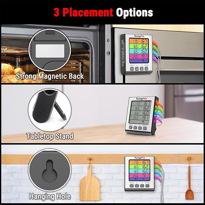 TempPro TP17H Digital Meat Thermometer with 4 Temperature Probes, HI/Low Alarm Smoker Food Thermometer with Colored Backlit LCD, BBQ Thermometer for Cooking Grill Kitchen Oven (Previously ThermoPro)