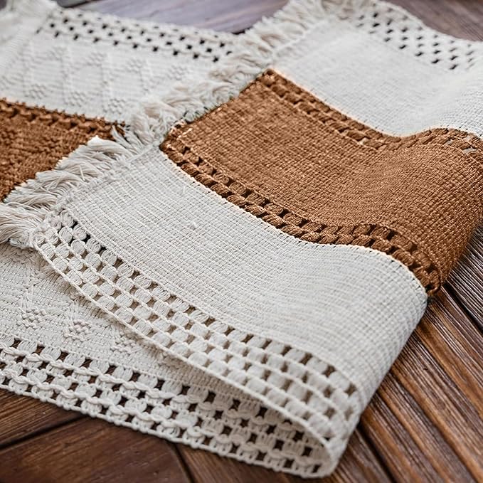 Alynsehom Macrame Table Runner Cream Beige and Caramel Boho Table Runners with Tassels Hand Woven Cotton Table Runner Rustic Farmhouse Table Runners for Bohemian Kitchen Dining Table(12x71in)