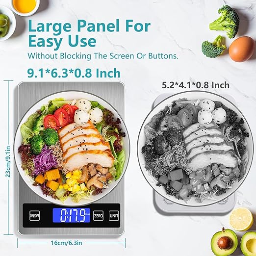 Food Kitchen Scale, Digital Food Scale 33lb Digital Kitchen Scale 1g/0.1oz Precisely Measures Grams and Ounces for Meal Prep Baking and Cooking, Rechargeable 304 Stainless Steel Kitchen Scale