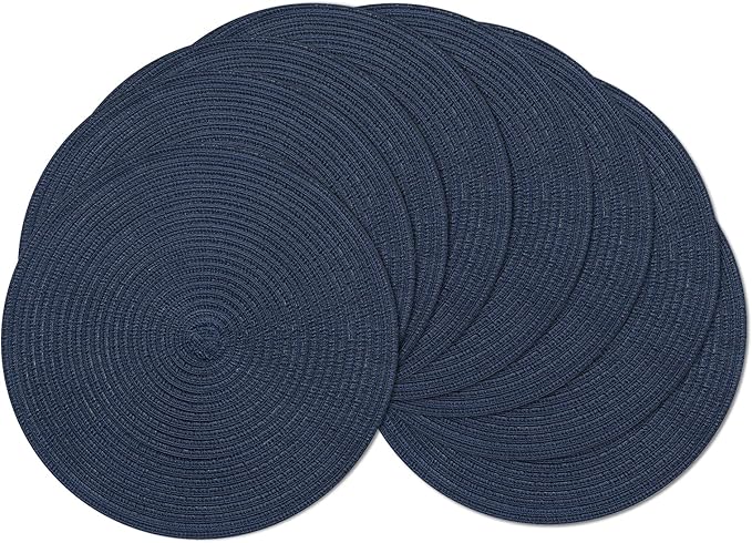 SHACOS Round Placemats Set of 8 Washable 15 inch Round Table Mats Cotton Polyester Woven Braided Place Mats for Dining Table, Navy