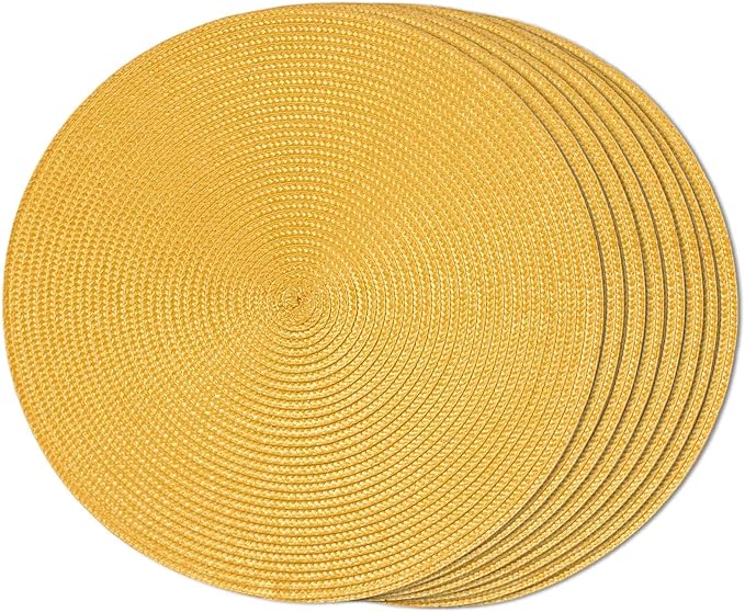 FunWheat Round Braided Placemats Set of 8 Place Mats for Dining Table Woven Washable Non-Slip Table Mats 15 Inch(Yellow,8pcs)