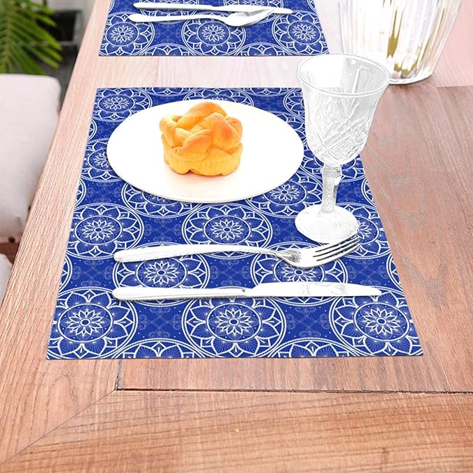 Chinoiserie Blue and White Florals Linen Placemats Set of 4, Navy Blue Chinoiserie Place Mats 4 for Dining Table Kitchen Coffee Shop Farmhouse, Gifts for Chinese Culture, Festival & Kitchen Home Decor
