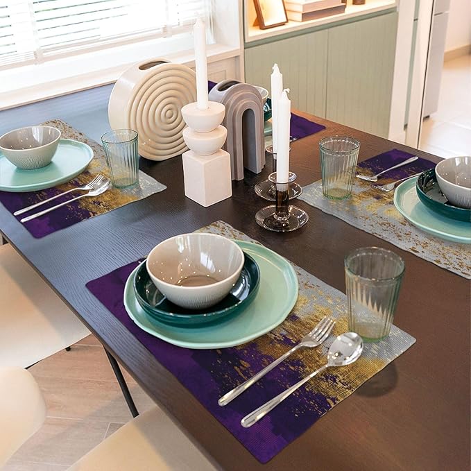 Purple Gold Abstract Linen Placemats Set of 4, Heat Resistant Wipeable Purple Place Mats for Kitchen Dining Table Holiday Wedding Party Outdoor Farmhouse Gardening, Kitchen Home Decor, 12 x 18 Inch