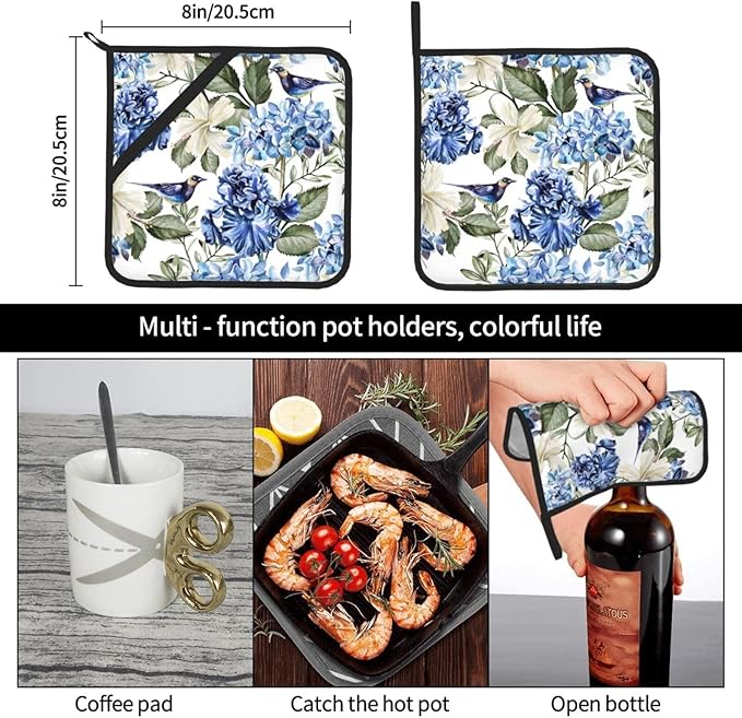 Blue Hydrangea Flowers Bird Pot Holder Set of 2,Heat Resistant Potholders Oven Hot Pads for Kitchen Cooking Baking BBQ