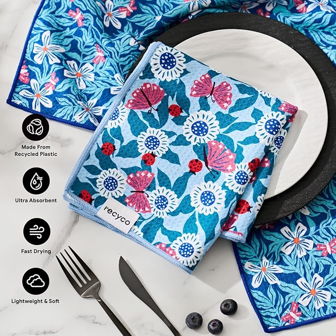 RECYCO Waffle Kitchen Towel Set of 2 - Quick Dry Microfiber Sustainable Dish Towels - Absorbent Reusable Cleaning Tea Towels - Lightweight Hand Towels,16”x 28”, Cloud Blue
