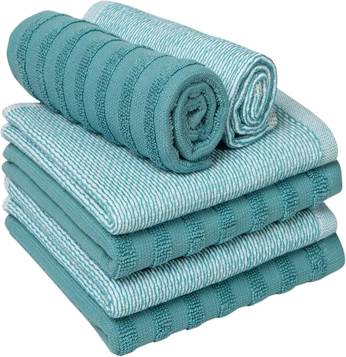 Bumble Premium Dish Cloths 13"x13" (6 Pack) | 100% Natural Ring Spun Cotton | 400 GSM | Highly Absorbent & Soft |Yarn Dyed & Solid Dyed Terry Dish Cloth Set - Aqua