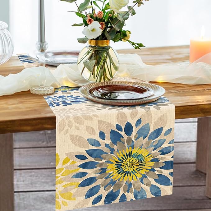 Geometric Dahlia Flower Dining Table Runner, Blue Yellow Floral Modern Art Burlap Kitchen Decoration, Spring Summer Farmhouse Indoor Outdoor Home Decor Party Supply 13 x 72 Inches