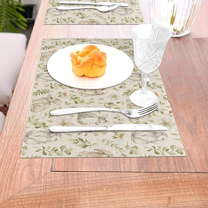 Spring Place mats Set of 4,12x18 Inches Green Rabbit Floral Leaves Placemats Rectangle Easter Decor Bunny Flower Table Mats for Party Home Kitchen Dining Table Decoration