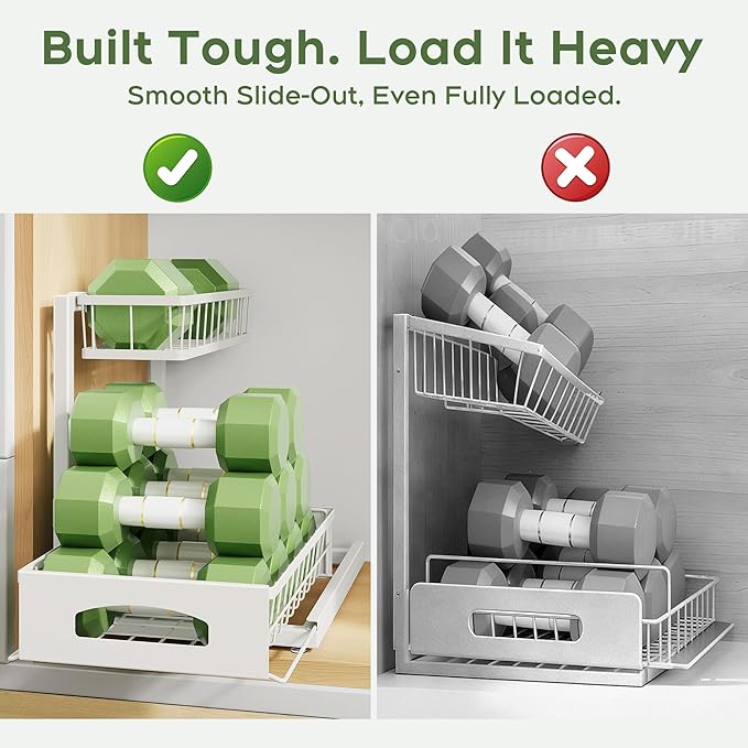 Under Sink Organizer, 2 Pack Cabinet Organizer for Kitchen, Height Adjustable Pull Out Heavy Duty 2 Tier Metal Under Sink Storage for Bathroom Pantry (White, 2 Pack)