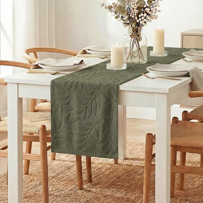 Artoid Mode Olive Green Soft Cotton Jacquard Leaves Spring Table Runner, Holiday Kitchen Dining Table Decoration for Home Party Decor 13x72 Inch