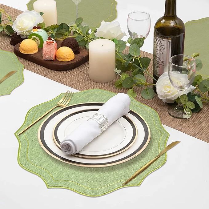 Set of 4 Cotton Linen Placemats, 15x15 Round Scalloped Cloth Table Mats, Embroidery Machine Washable, Wrinkle Resistance Fabric Place Mats for Wedding Summer Baby Shower Party Table Decor-Green