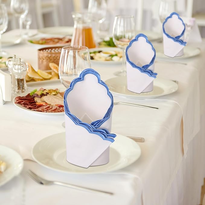 Ridhi Cloth Napkins 100% Pure Cotton Farmhouse Wedding Dinner Napkins Gift for Spring, Easter, Valentine, Holiday, Everyday Napkin (4-18" x 18" Dinner Napkin, White with Blue Edge)