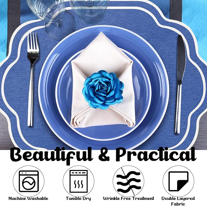 Breling 6 Pcs Wedding Placemats Scalloped Embroidered Cotton Linen Placemats 17" x 13" Double Layered Machine Washable Table Place Mat for Party Table Decor (Navy Blue)