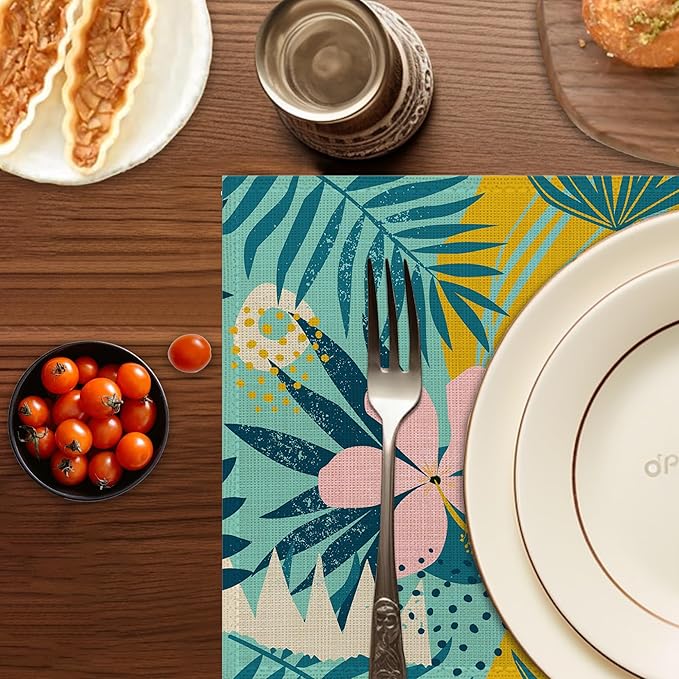 Tropical Leaves Placemats Set of 6,Washable Heat Resistant 12×18 Inch Linen Table Mats Summer Place Mats for Party Outdoor Dining Décor