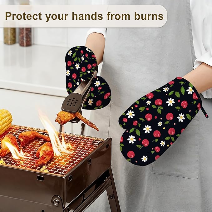 Cherry Oven Mitts and Pot Holders Sets of 4, Heat Resistant Daisy Floral Silicone Oven Mitts Gloves Non-Slip Kitchen Mittens Potholders for Cooking Baking Grilling BBQ