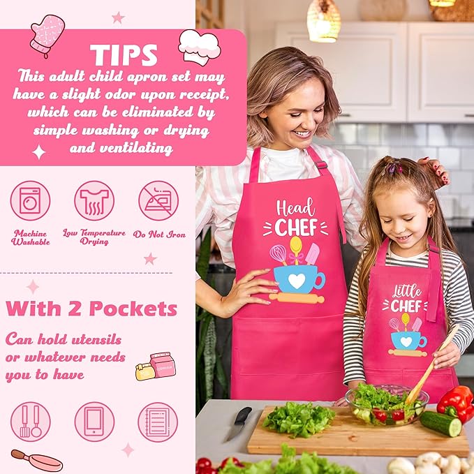R HORSE 2Pcs Adults Kids Matching Apron Set Mommy and Me Adjustable Kitchen Apron with 2 Pockets Parent and Child Matching Gift for Mother's Day Women Daughter Cooking Baking Painting Training