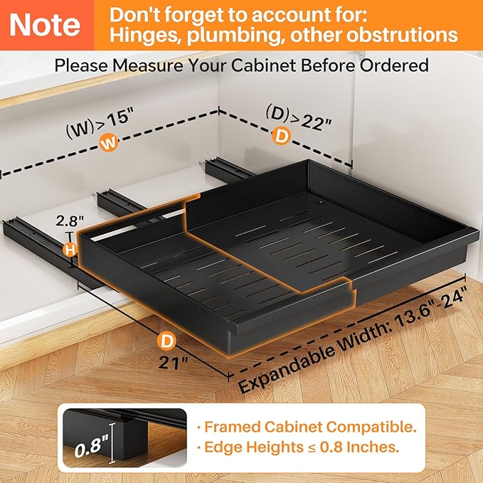 Pull out Cabinet Organizer, 1-Pack Expandable(13.6"-24") Silde out Drawers with Raising Pad for Framed Cabinets, Adjustable Full-Extension Adhesive Roll out Shelves for Kitchen Pantry Home Pot and Pan