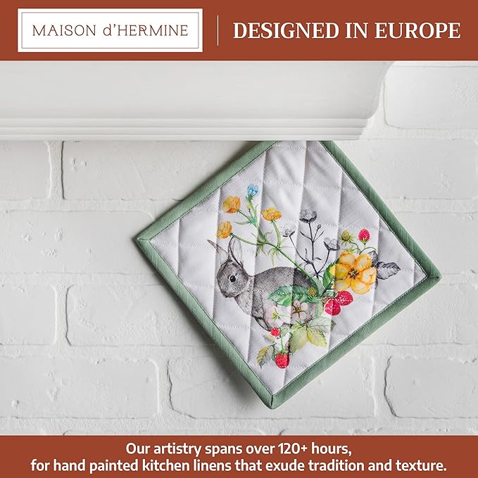 Maison d' Hermine Pot Holders 100% Cotton Heat Resistant Potholders 8" x 8" Hot Pads with Loop BBQ Cooking Baking Gifts for Mothers Day Handling Hot Pans Spring/Summer (Pack of 1, Printemps)