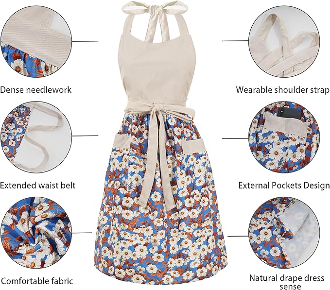 Cute Floral Aprons for Women with Pockets,Cotton Adjustable Neck Strap Apron for Kitchen Cooking Baking Gardening