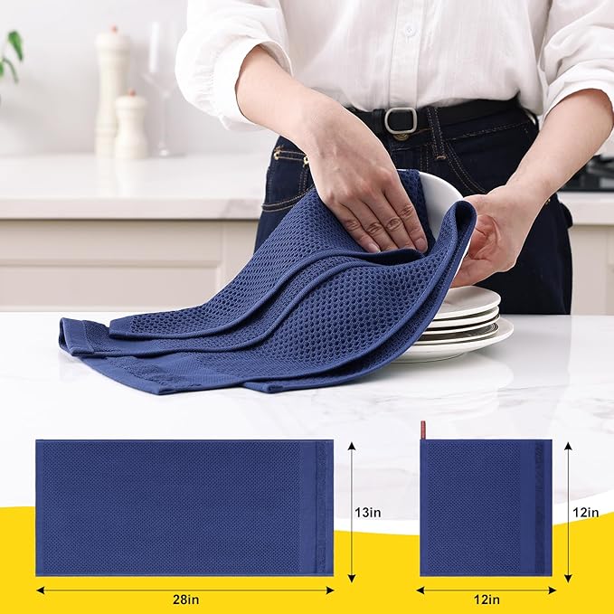 Homaxy Kitchen Towels and Dishcloths Set, 12 x 12 and 13 x 28 Inches, Set of 10 100% Cotton Waffle Weave Kitchen Towels, Super Soft and Absorbent Dish Cloths, Navy Blue