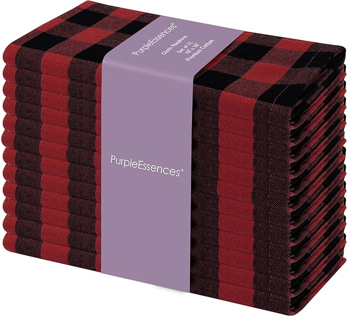 PurpleEssences Buffalo Plaid Cloth Napkins - Mitered Corners - Spring Easter Summer - Gingham Check Dinner Napkin - Set of 12-100% Cotton - 18x18 Inch - Reusable Washable - Red and Black