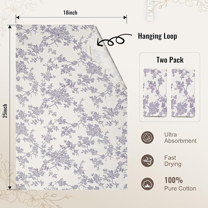 100% Cotton French Pastoral Kitchen Towels Set of 2, Decorative Flour Sack Tea Towels with Hanging Loop 18x25 Inch Absorbent Dish Cloths Farmhouse Home Decor, Purple