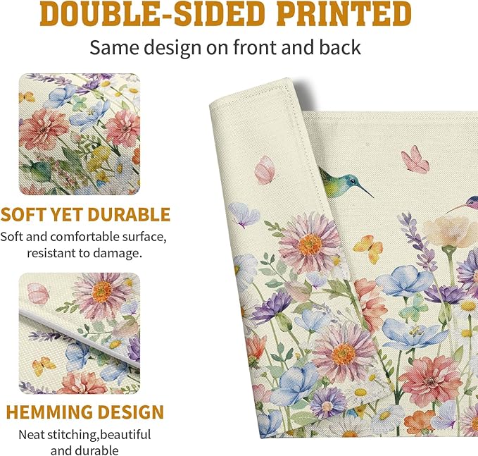 Flowers Bird Spring Summer Placemats Set of 4 Watercolor Floral Hummingbird Butterfly Place Mats 12x18 Inch Wildflowers Grass Seasonal Farmhouse Linen Table Mat for Kitchen Dining Decor