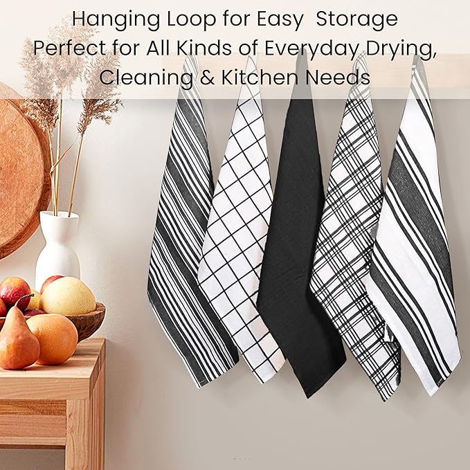 Cotton Clinic Assorted Kitchen Towels 5 Pack – Soft Absorbent Quick Drying Table & Kitchen Linen - Dish Towels, Dish Cloths, Tea Towel and Cleaning Towel with Hanging Loop – 16x28 / Black White
