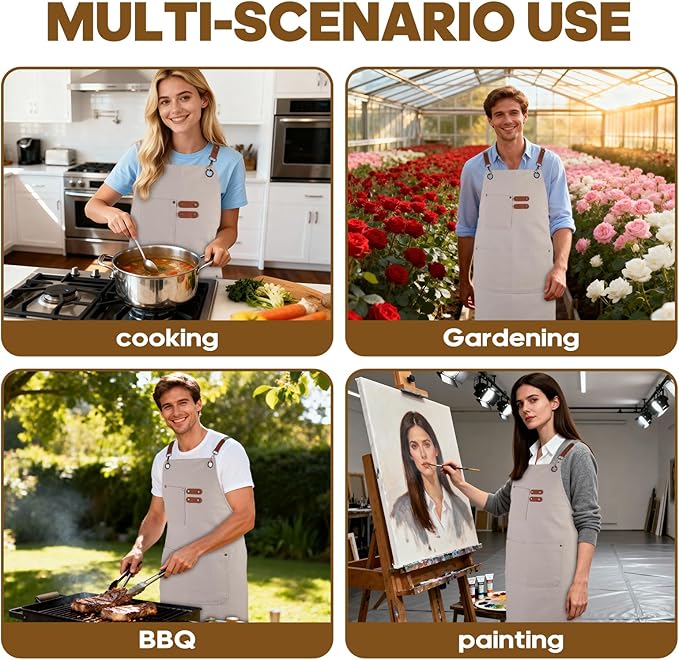Aprons For Women Men With Large Pockets, Waterproof Cotton Chef Aprons For Cooking Server Grilling Bbq Kitchen